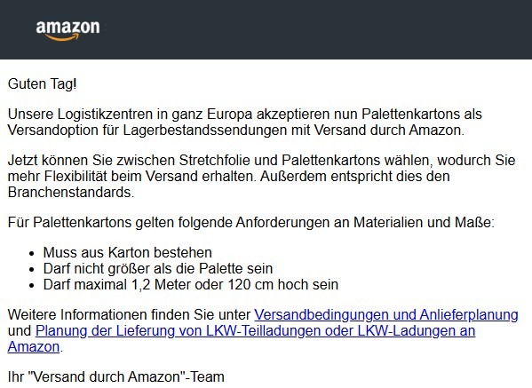 Amazon FBA Palettenkartons – Offizielle Meldung 2025 Offizielle Amazon Meldung zur neuen FBA-Versandoption Palettenkartons 2025