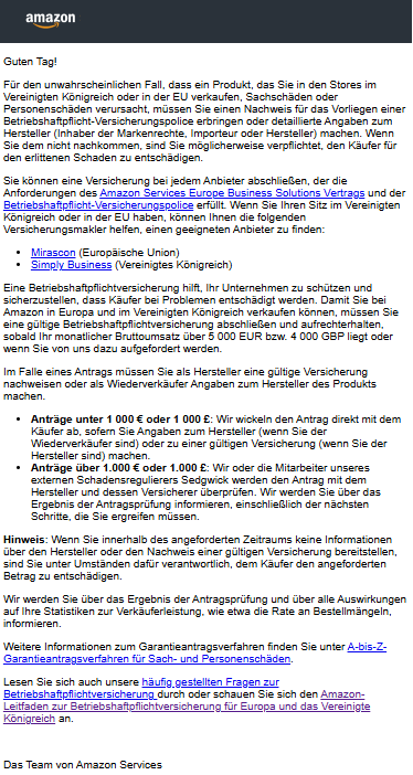 Amazon Versicherungspflichten – Offizielle Meldung 2025 Offizielle Amazon Meldung zur Versicherungspflicht für Seller in EU und UK ab 2025
